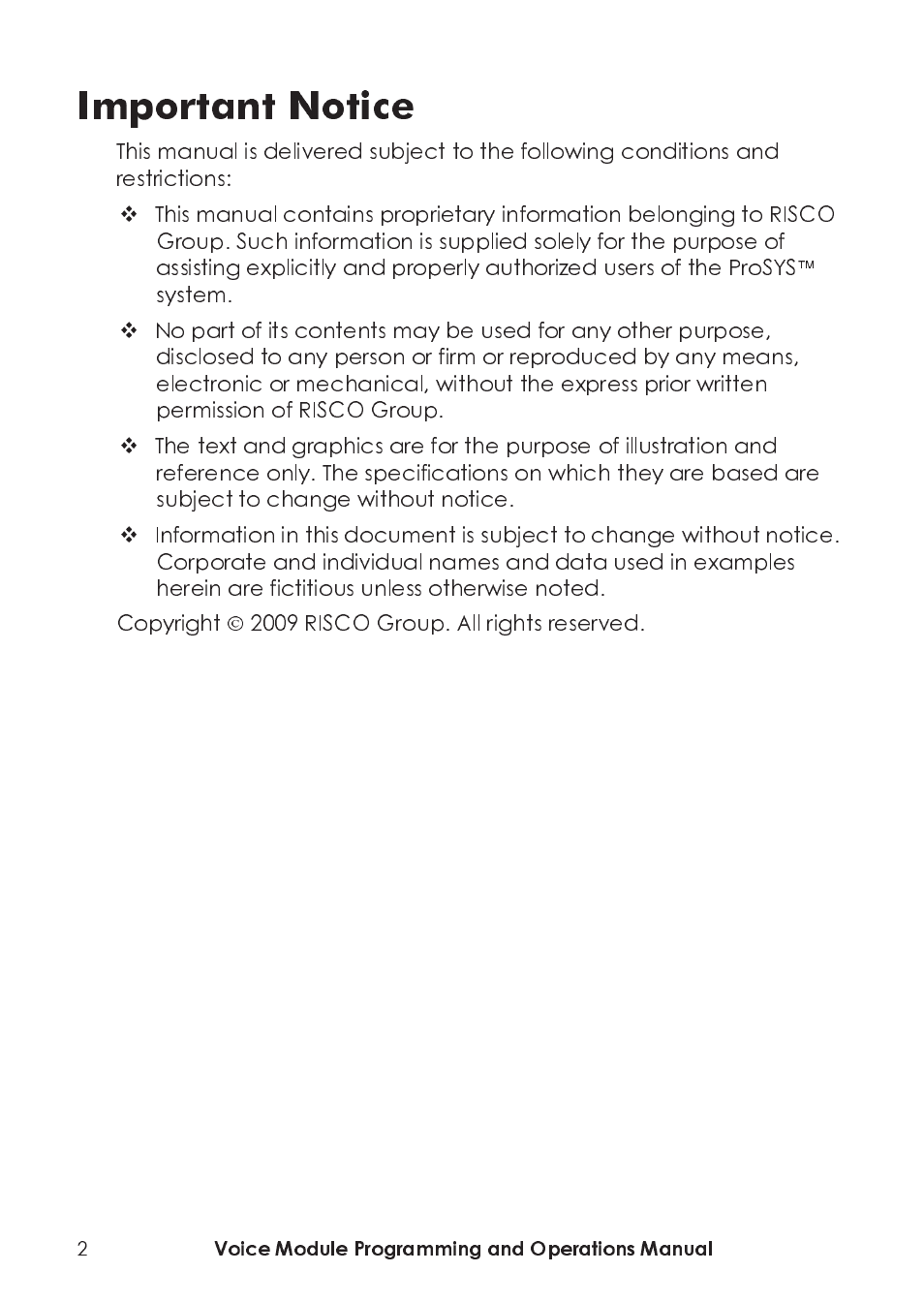 Important notice | RISCO Group ProSYS, Interactive Voice Module User Manual | Page 2 / 44