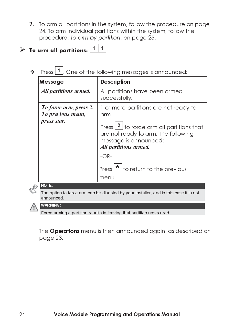 On page 25, Press, One of the following messages is announced | All partitions have been armed successfully, 1 or more partitions are not ready to arm. press, Or- press | RISCO Group ProSYS, Interactive Voice Module User Manual | Page 24 / 44