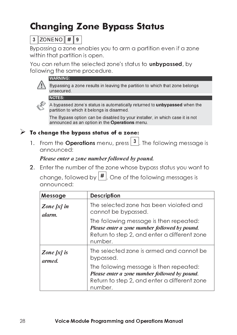 Changing zone bypass status, By following the same procedure, Menu, press | The following message is announced, One of the following messages is announced, Voice module programming and operations manual | RISCO Group ProSYS, Interactive Voice Module User Manual | Page 28 / 44