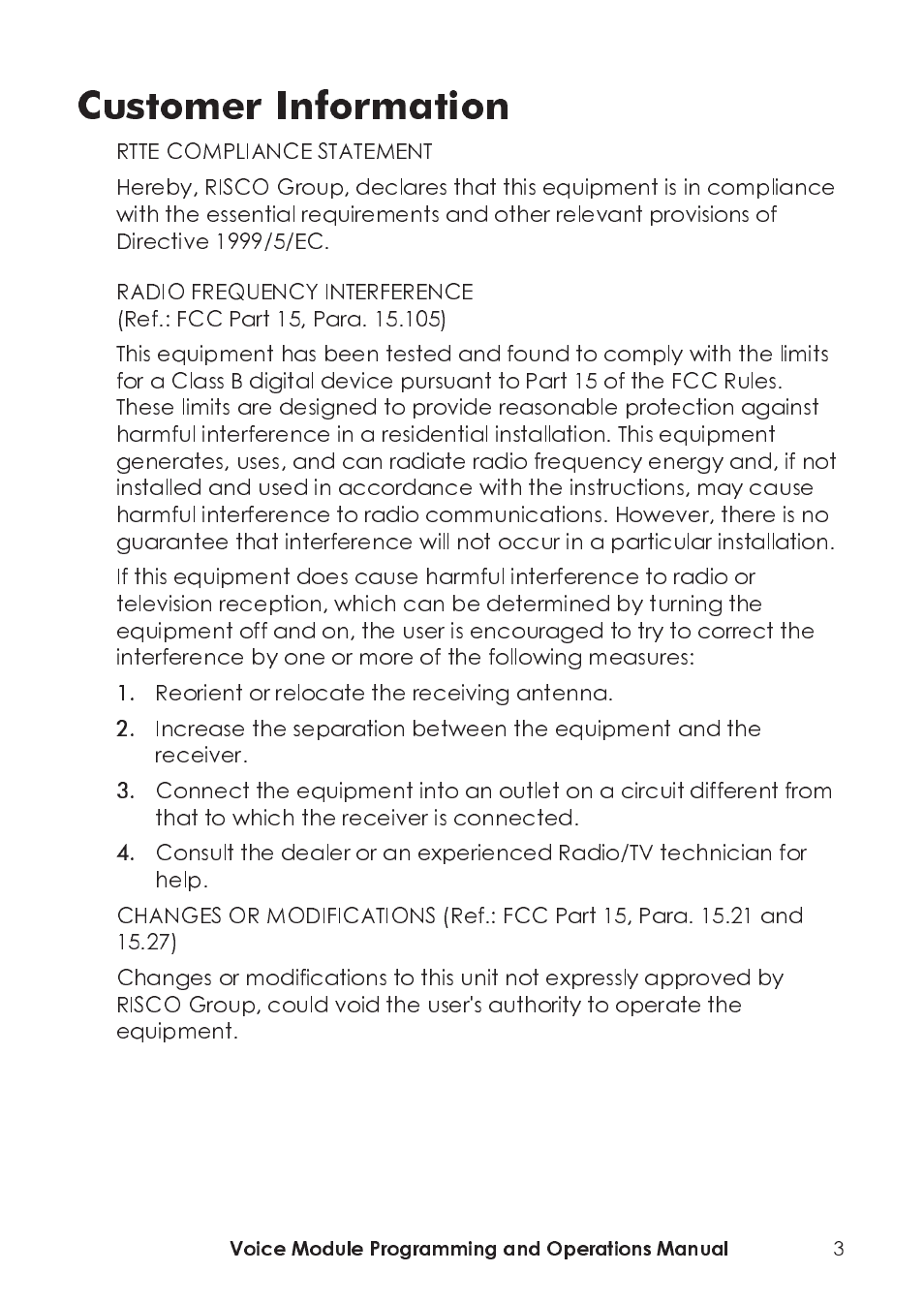 Customer information | RISCO Group ProSYS, Interactive Voice Module User Manual | Page 3 / 44