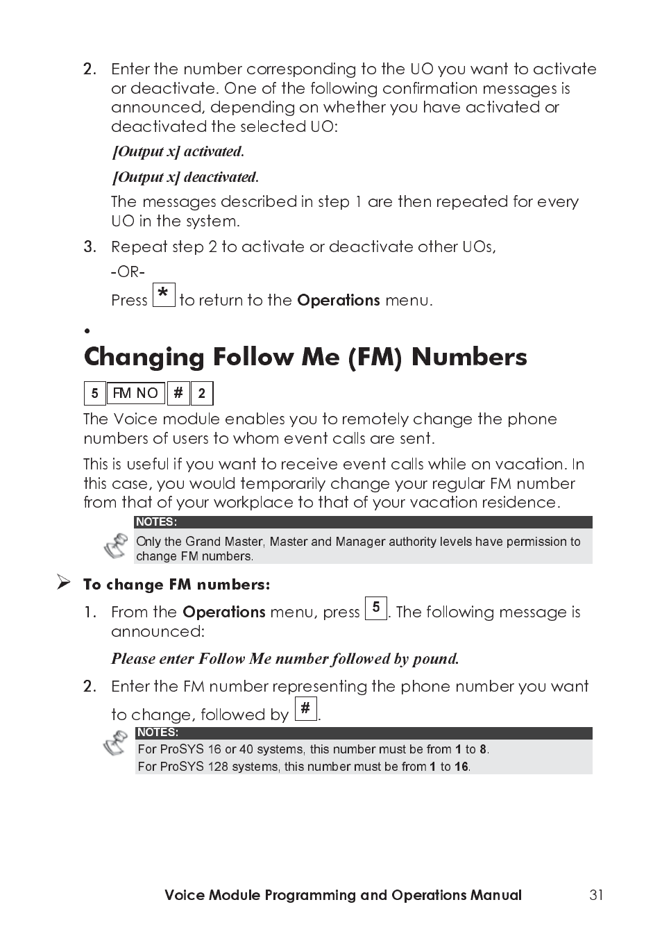 Changing, Follow me (fm) numbers, Menu | Menu, press, The following message is announced | RISCO Group ProSYS, Interactive Voice Module User Manual | Page 31 / 44