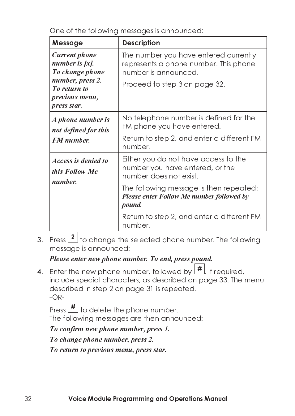 One of the following messages is announced, Return to step 2, and enter a different fm number, Press | Enter the new phone number, followed by | RISCO Group ProSYS, Interactive Voice Module User Manual | Page 32 / 44