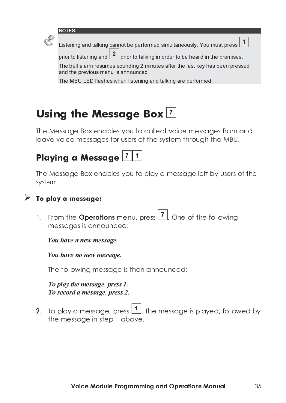 Using the message box, Menu, press, One of the following messages is announced | The following message is then announced, Voice module programming and operations manual | RISCO Group ProSYS, Interactive Voice Module User Manual | Page 35 / 44