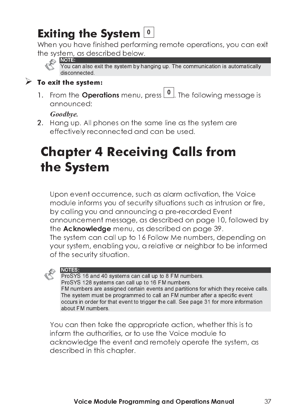 Chapter 4 receiving calls from the system, Exiting the system | RISCO Group ProSYS, Interactive Voice Module User Manual | Page 37 / 44