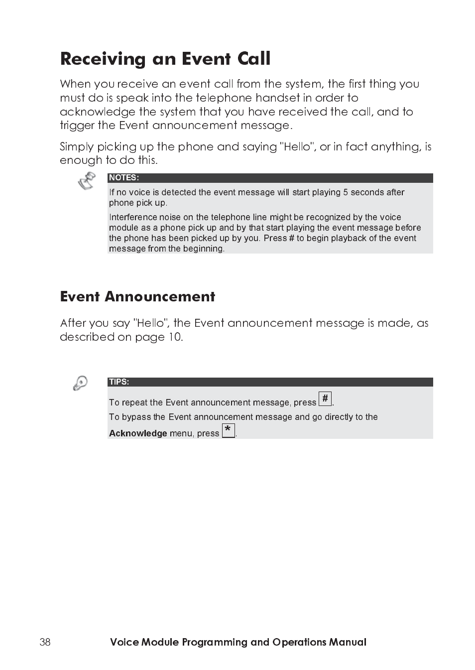 Event announcement, Receiving an event call, Voice module programming and operations manual | RISCO Group ProSYS, Interactive Voice Module User Manual | Page 38 / 44