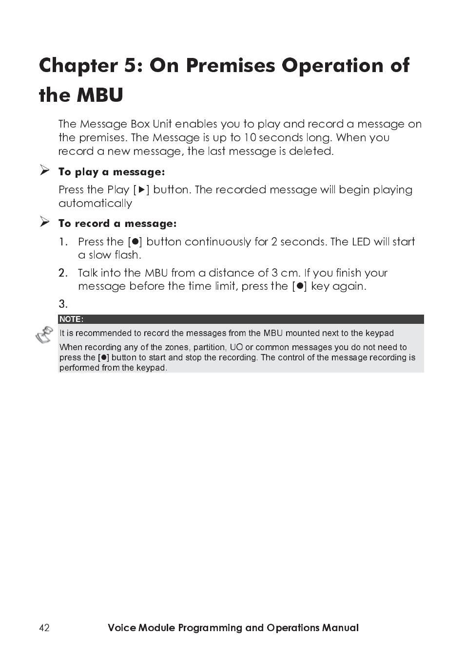Chapter 5: on premises operation of the mbu | RISCO Group ProSYS, Interactive Voice Module User Manual | Page 42 / 44