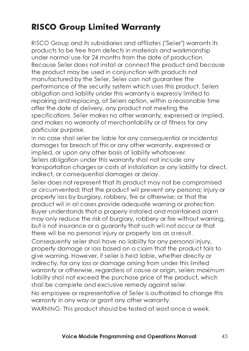 Risco group limited warranty | RISCO Group ProSYS, Interactive Voice Module User Manual | Page 43 / 44