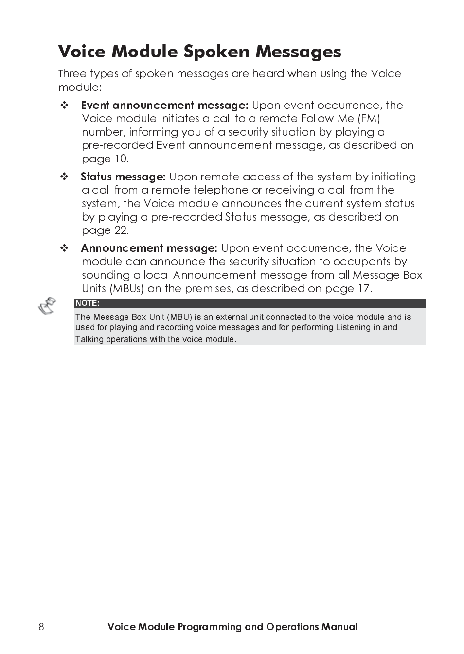 Voice module spoken messages, Event announcement message, Status message | Announcement message | RISCO Group ProSYS, Interactive Voice Module User Manual | Page 8 / 44