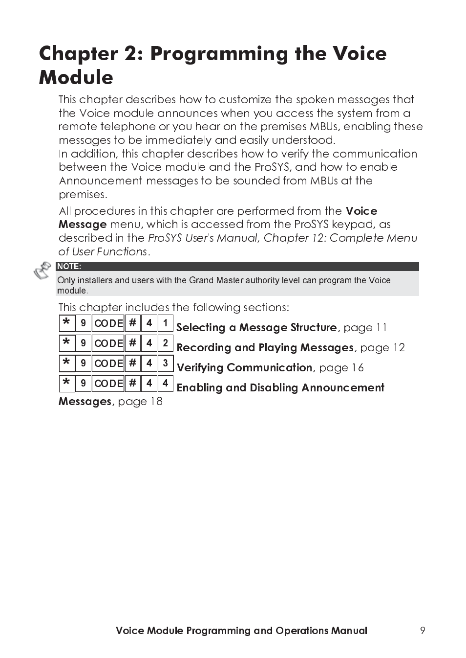 Chapter 2: programming the voice module | RISCO Group ProSYS, Interactive Voice Module User Manual | Page 9 / 44