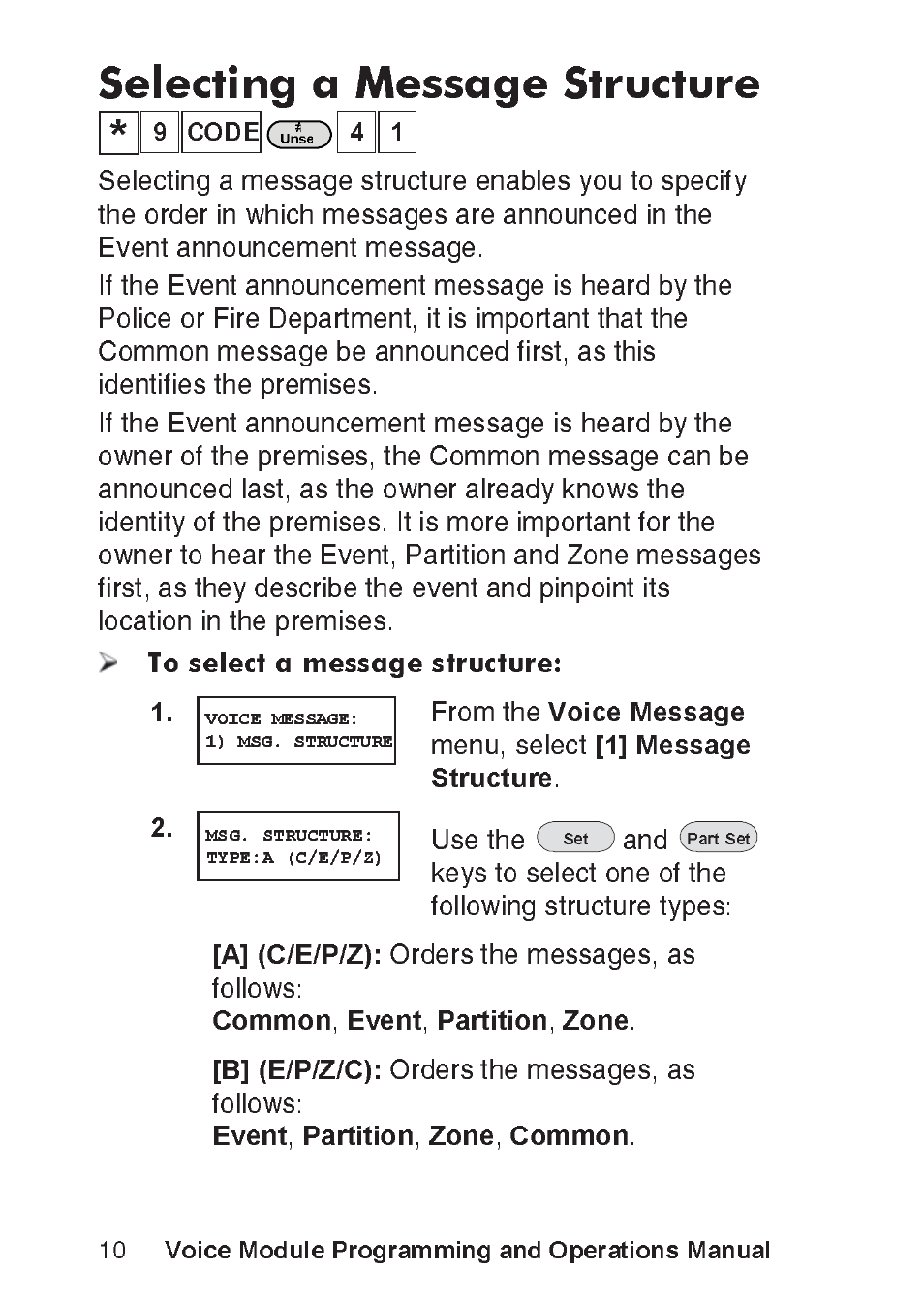 Selecting a message structure, Voice message, 1] message structure | A] (c/e/p/z), Common, Event, Partition, Zone, B] (e/p/z/c), Voice module programming and operations manual | RISCO Group ProSYS, Interactive Voice Module User Manual | Page 10 / 56