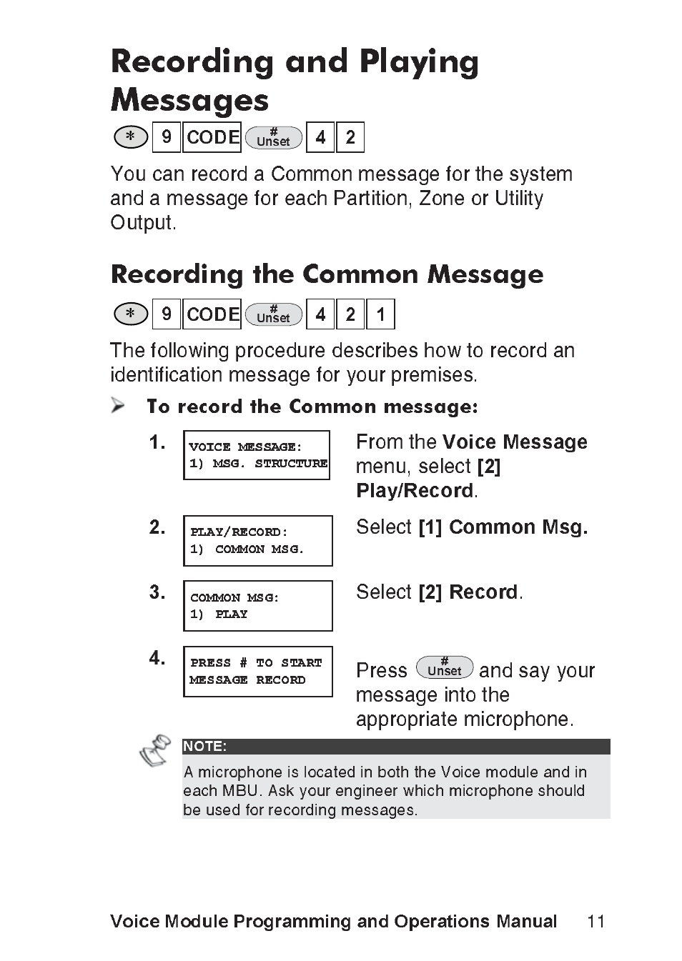 Recording the common message, Recording and playing messages, Voice message | 2] play/record, 1] common msg, 2] record, Voice module programming and operations manual | RISCO Group ProSYS, Interactive Voice Module User Manual | Page 11 / 56