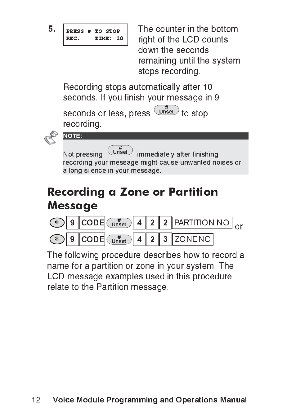 Voice module programming and operations manual, Recording a zone or partition message, Нз=лнзй= êéåçêçáåök | Not pressing | RISCO Group ProSYS, Interactive Voice Module User Manual | Page 12 / 56