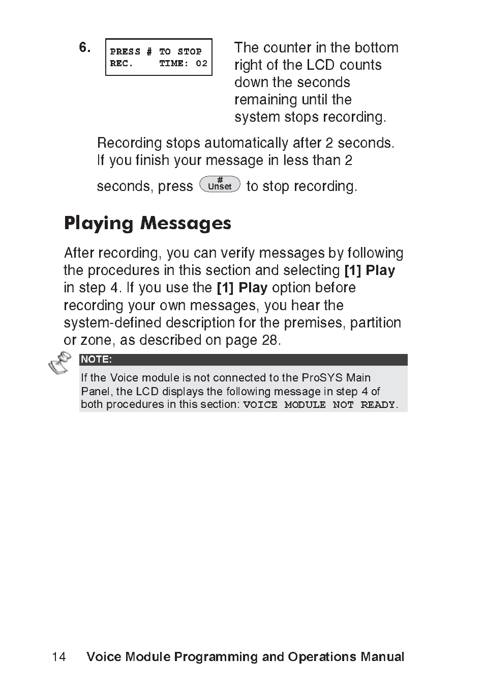 Voice module programming and operations manual, Playing messages | RISCO Group ProSYS, Interactive Voice Module User Manual | Page 14 / 56