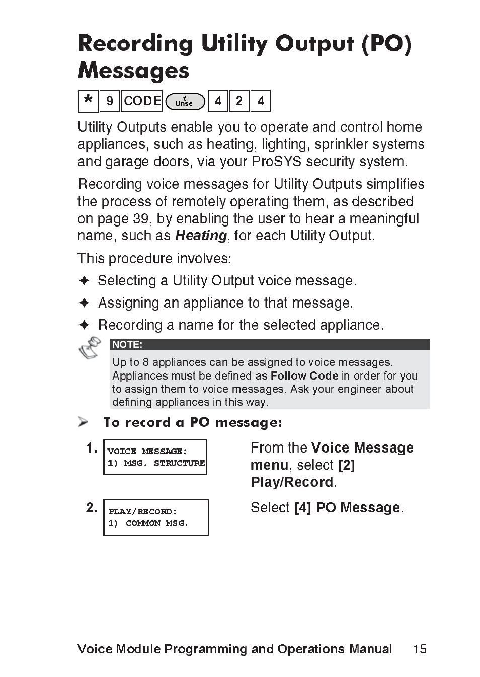 Recording utility output (po) messages, Voice message menu, 2] play/record | 4] po message, Voice module programming and operations manual | RISCO Group ProSYS, Interactive Voice Module User Manual | Page 15 / 56
