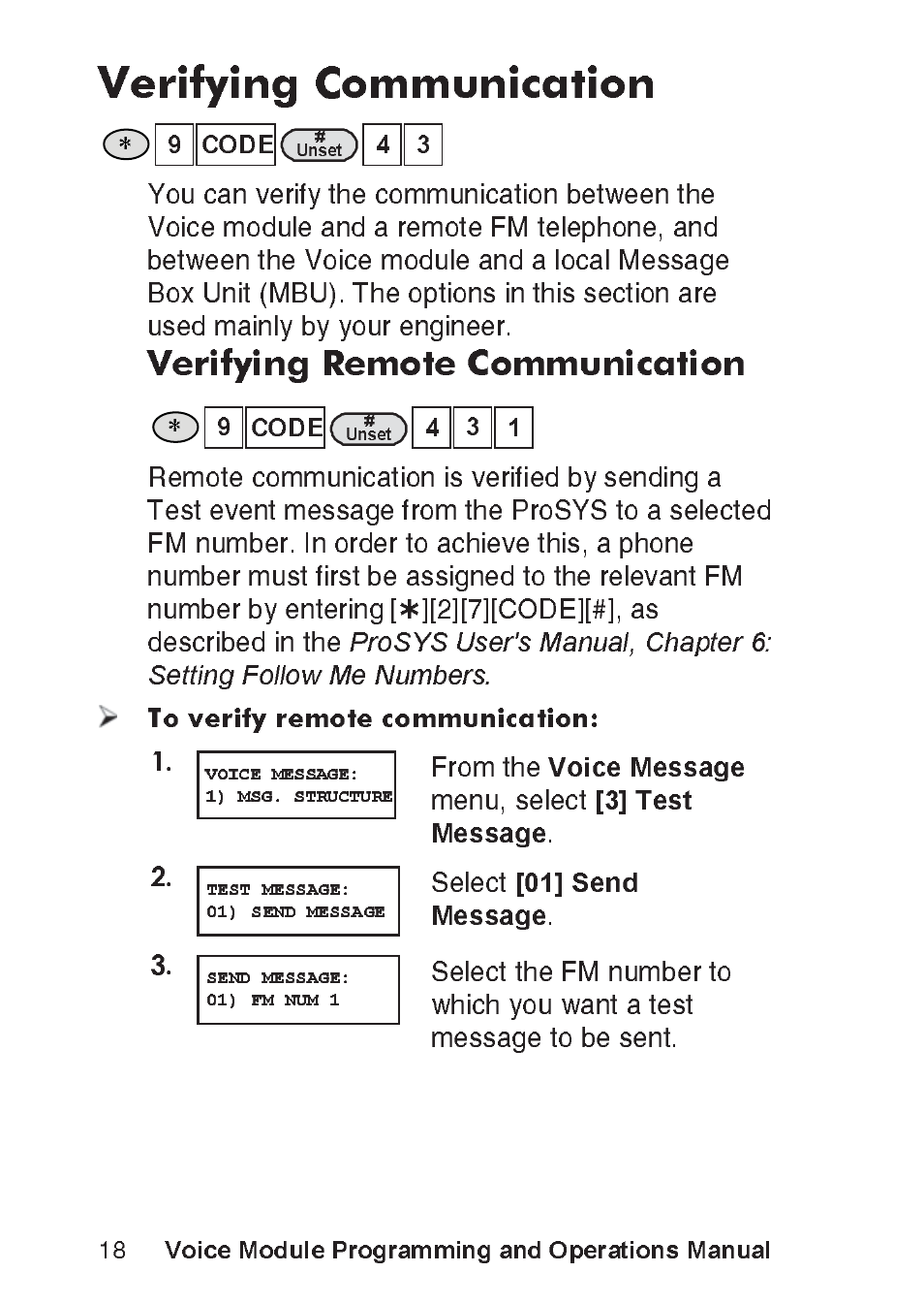 Verifying communication, Verifying remote communication, Voice module programming and operations manual | RISCO Group ProSYS, Interactive Voice Module User Manual | Page 18 / 56