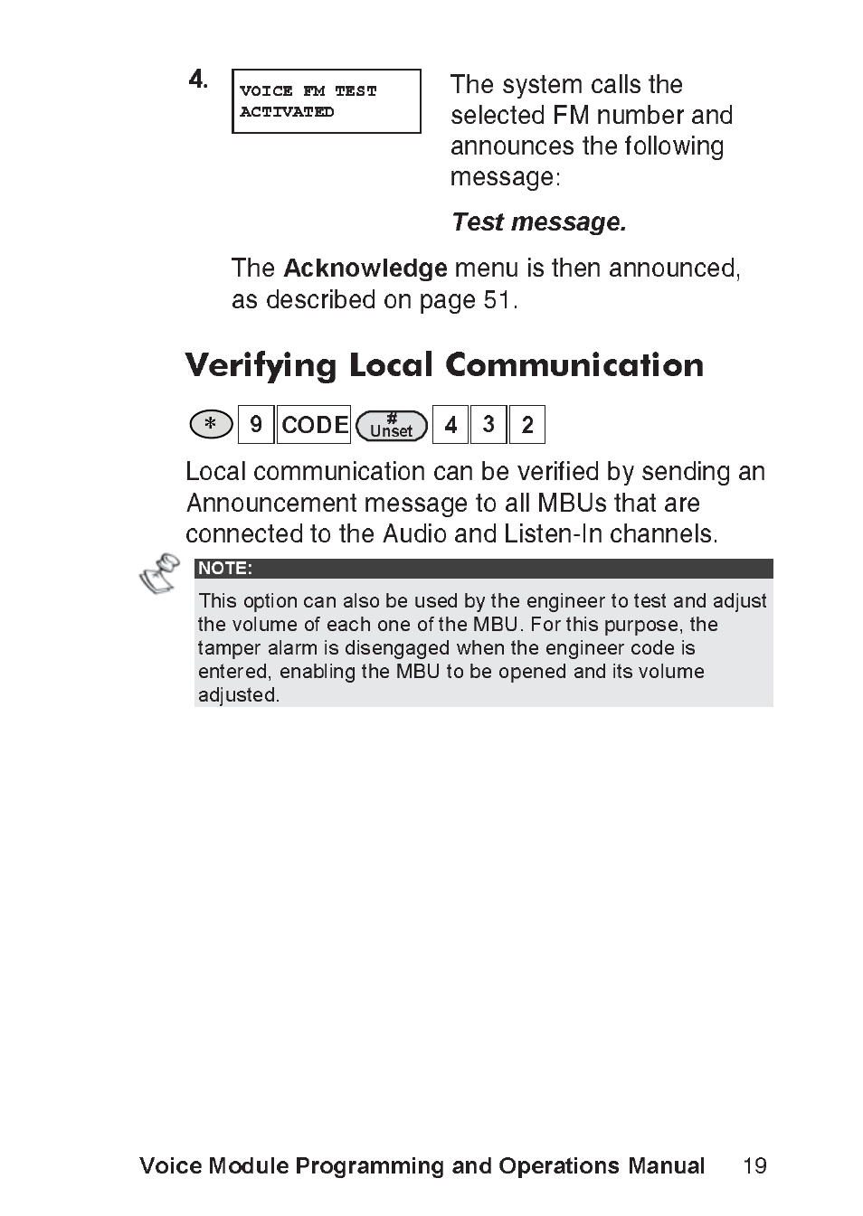 Verifying local communication, Test message, Voice module programming and operations manual | RISCO Group ProSYS, Interactive Voice Module User Manual | Page 19 / 56