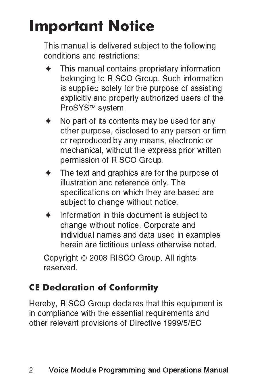 Important notice, Ce declaration of conformity, Voice module programming and operations manual | RISCO Group ProSYS, Interactive Voice Module User Manual | Page 2 / 56