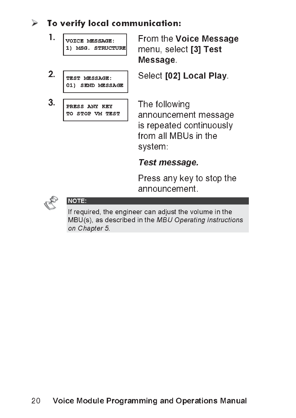 Test message, Voice module programming and operations manual | RISCO Group ProSYS, Interactive Voice Module User Manual | Page 20 / 56