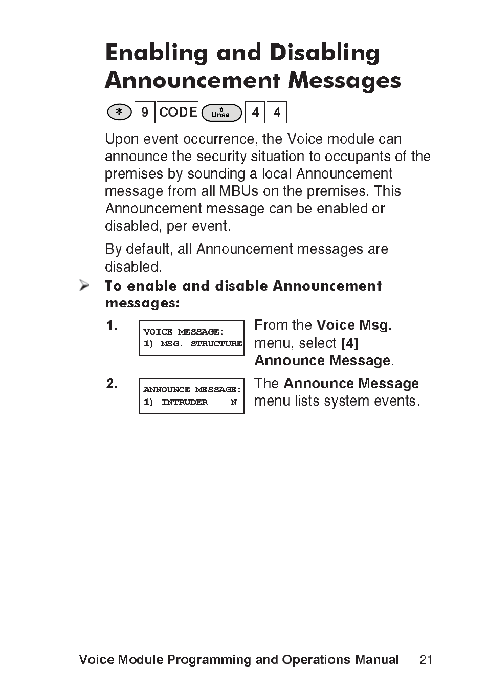 Enabling and disabling announcement messages, Voice module programming and operations manual | RISCO Group ProSYS, Interactive Voice Module User Manual | Page 21 / 56