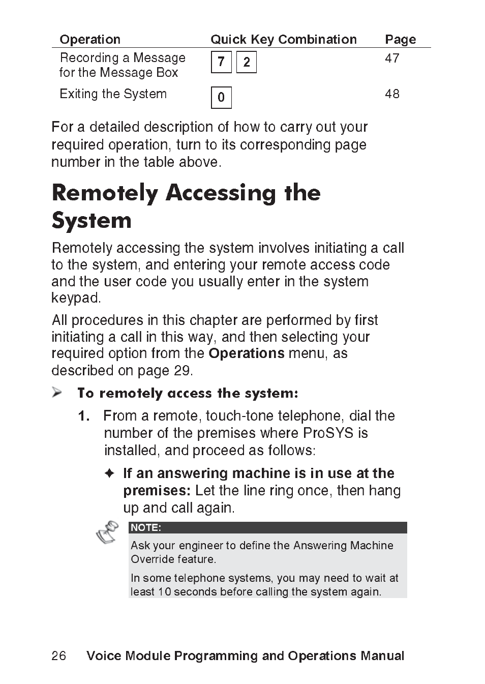 Remotely accessing the system, Operations, If an answering machine is in use at the premises | Voice module programming and operations manual, Operation quick key combination page | RISCO Group ProSYS, Interactive Voice Module User Manual | Page 26 / 56