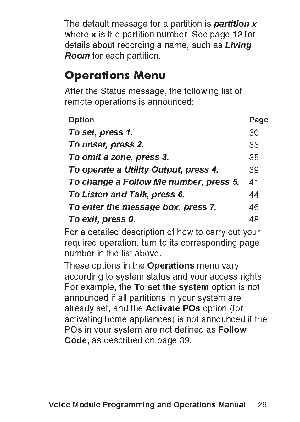 Partition x, Living room, Operations | Set the system, Activate pos, Follow code, Voice module programming and operations manual, Option page | RISCO Group ProSYS, Interactive Voice Module User Manual | Page 29 / 56