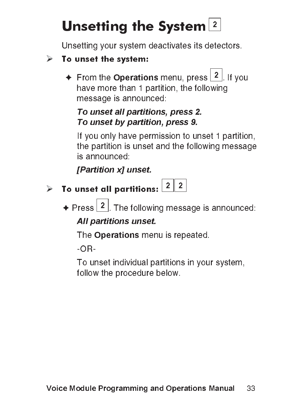 Unsetting the system, Voice module programming and operations manual | RISCO Group ProSYS, Interactive Voice Module User Manual | Page 33 / 56