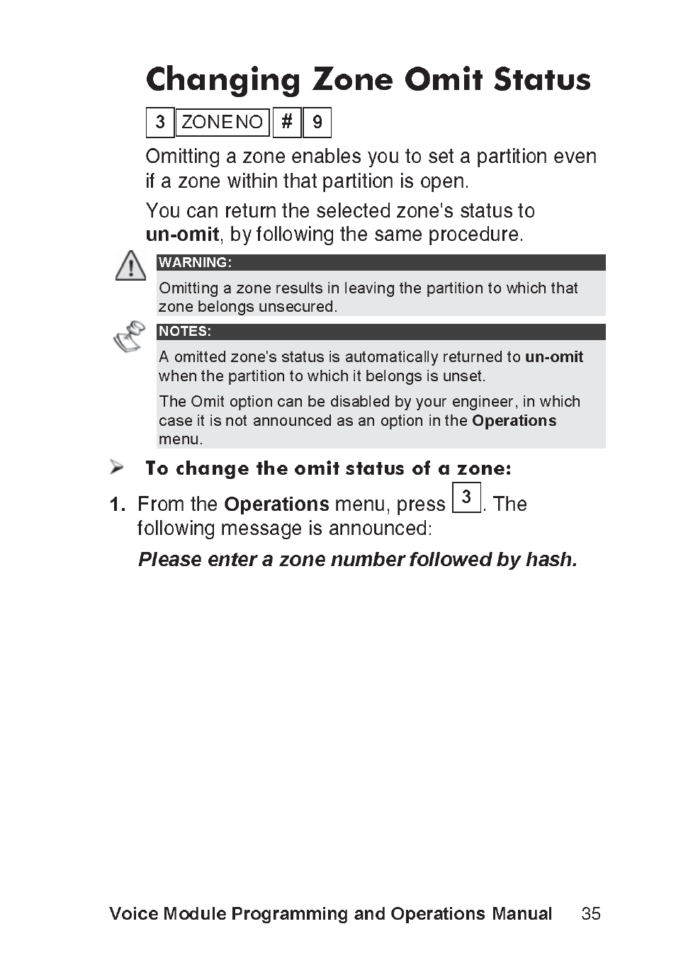 Changing zone omit status, Un-omit, Operations | Please enter a zone number followed by hash, Voice module programming and operations manual | RISCO Group ProSYS, Interactive Voice Module User Manual | Page 35 / 56