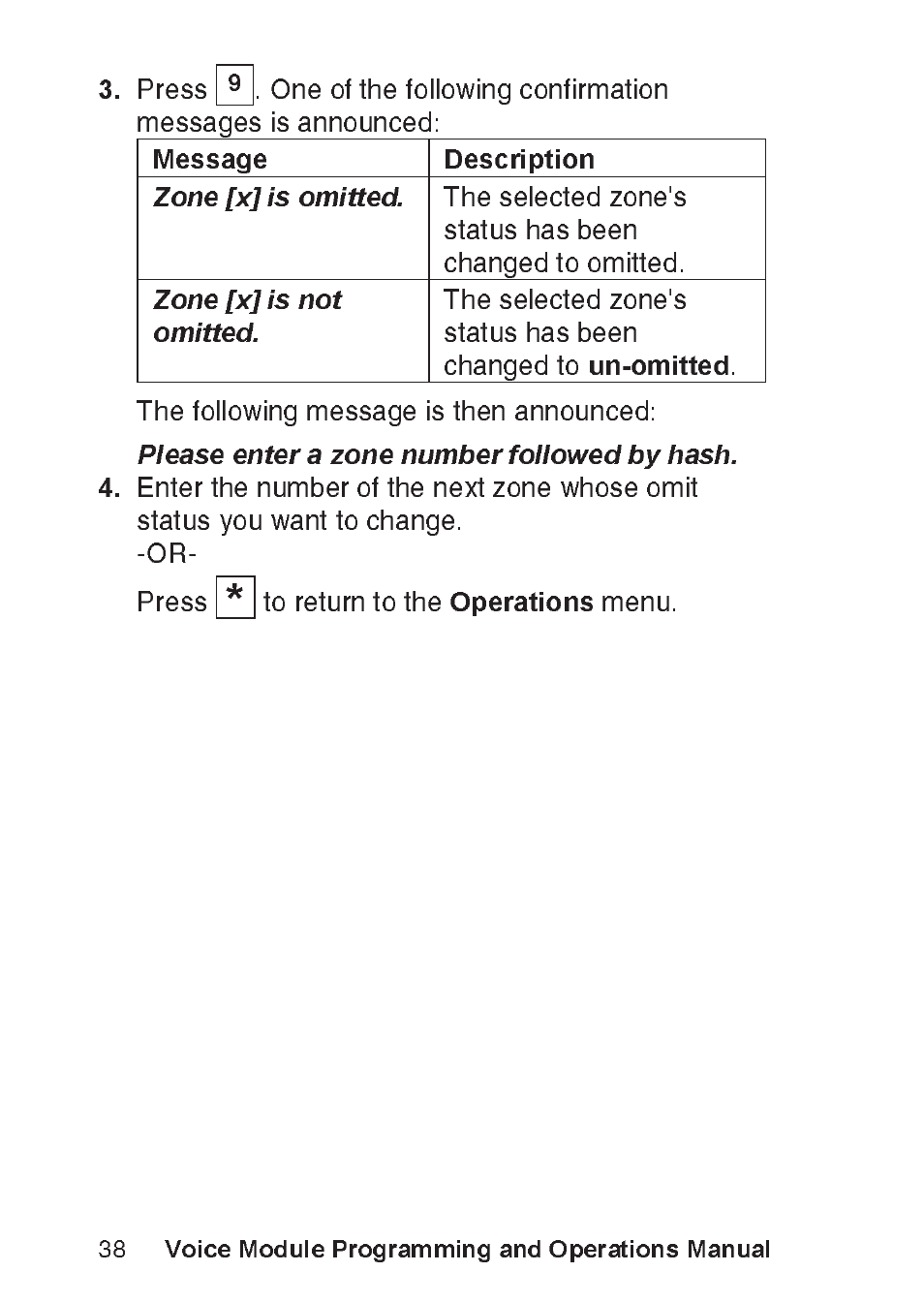 Message description zone [x] is omitted, Zone [x] is not omitted, Un-omitted | Please enter a zone number followed by hash. 4, Operations, Voice module programming and operations manual | RISCO Group ProSYS, Interactive Voice Module User Manual | Page 38 / 56