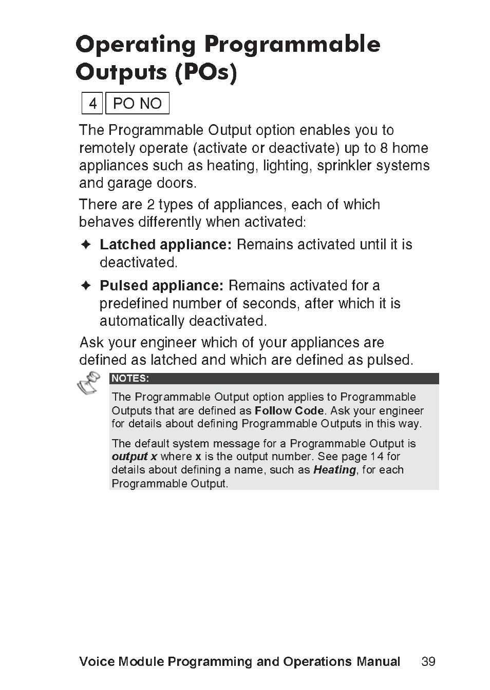 Operating programmable, Outputs (pos), Voice module programming and operations manual | RISCO Group ProSYS, Interactive Voice Module User Manual | Page 39 / 56