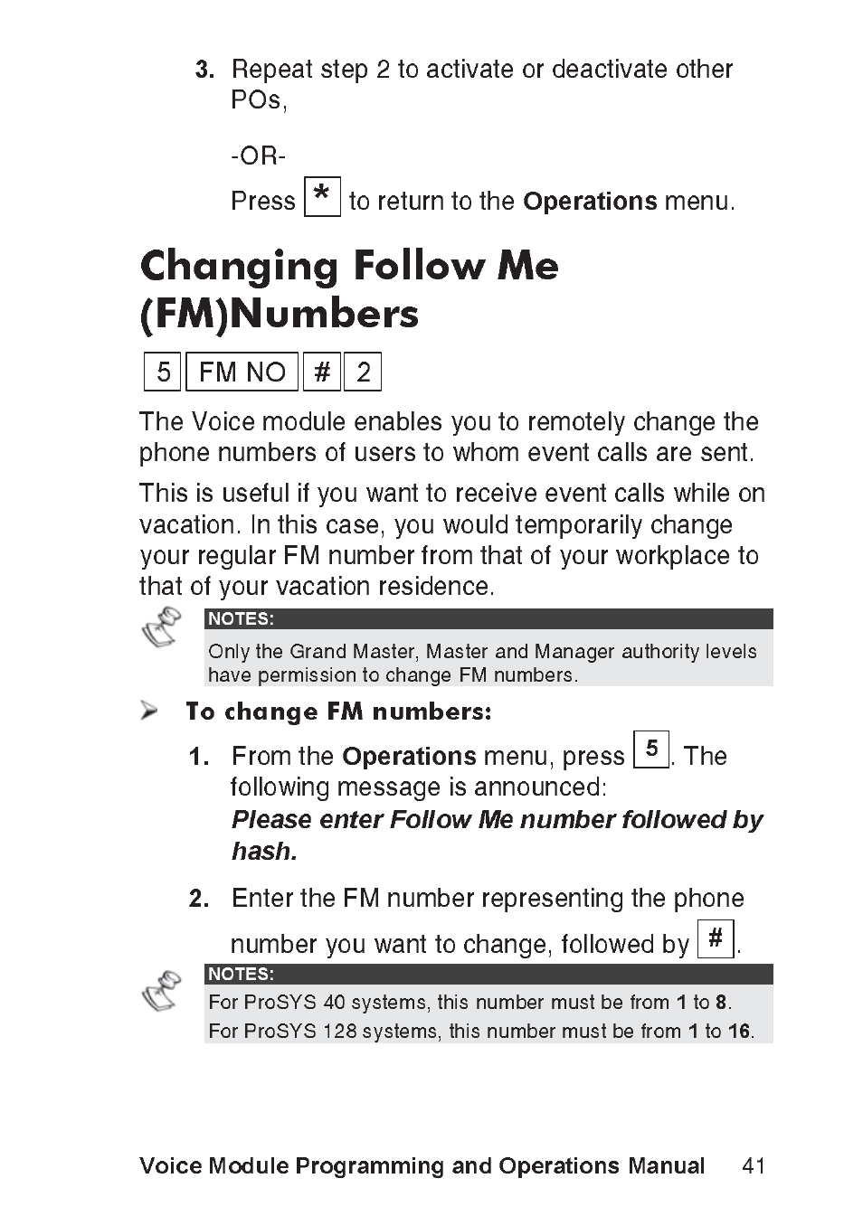 Changing, Follow me (fm)numbers, Please enter follow me number followed by hash | Voice module programming and operations manual | RISCO Group ProSYS, Interactive Voice Module User Manual | Page 41 / 56