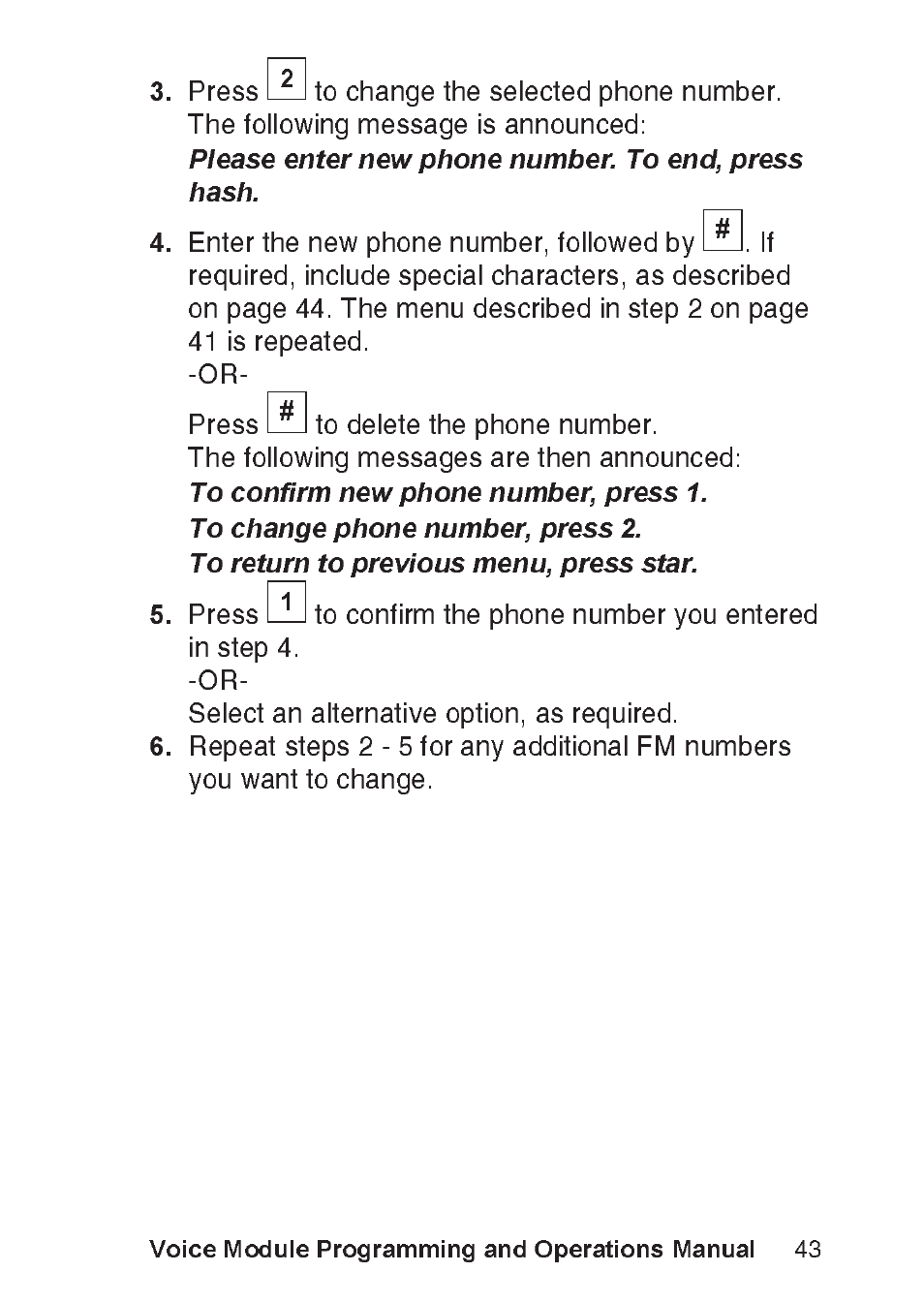 Please enter new phone number. to end, press hash, Voice module programming and operations manual | RISCO Group ProSYS, Interactive Voice Module User Manual | Page 43 / 56