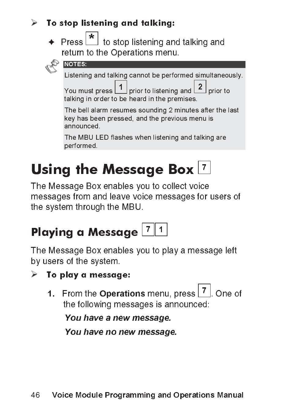 Using the message box, You have a new message. you have no new message, Voice module programming and operations manual | Playing a message | RISCO Group ProSYS, Interactive Voice Module User Manual | Page 46 / 56