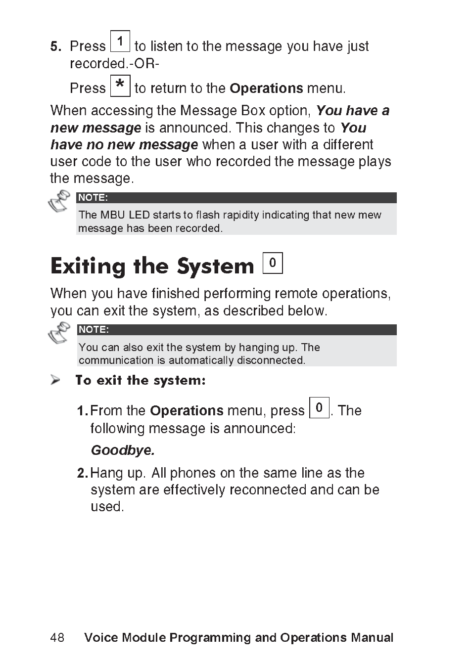 Exiting the system, You have a new message, You have no new message | Goodbye, Voice module programming and operations manual | RISCO Group ProSYS, Interactive Voice Module User Manual | Page 48 / 56