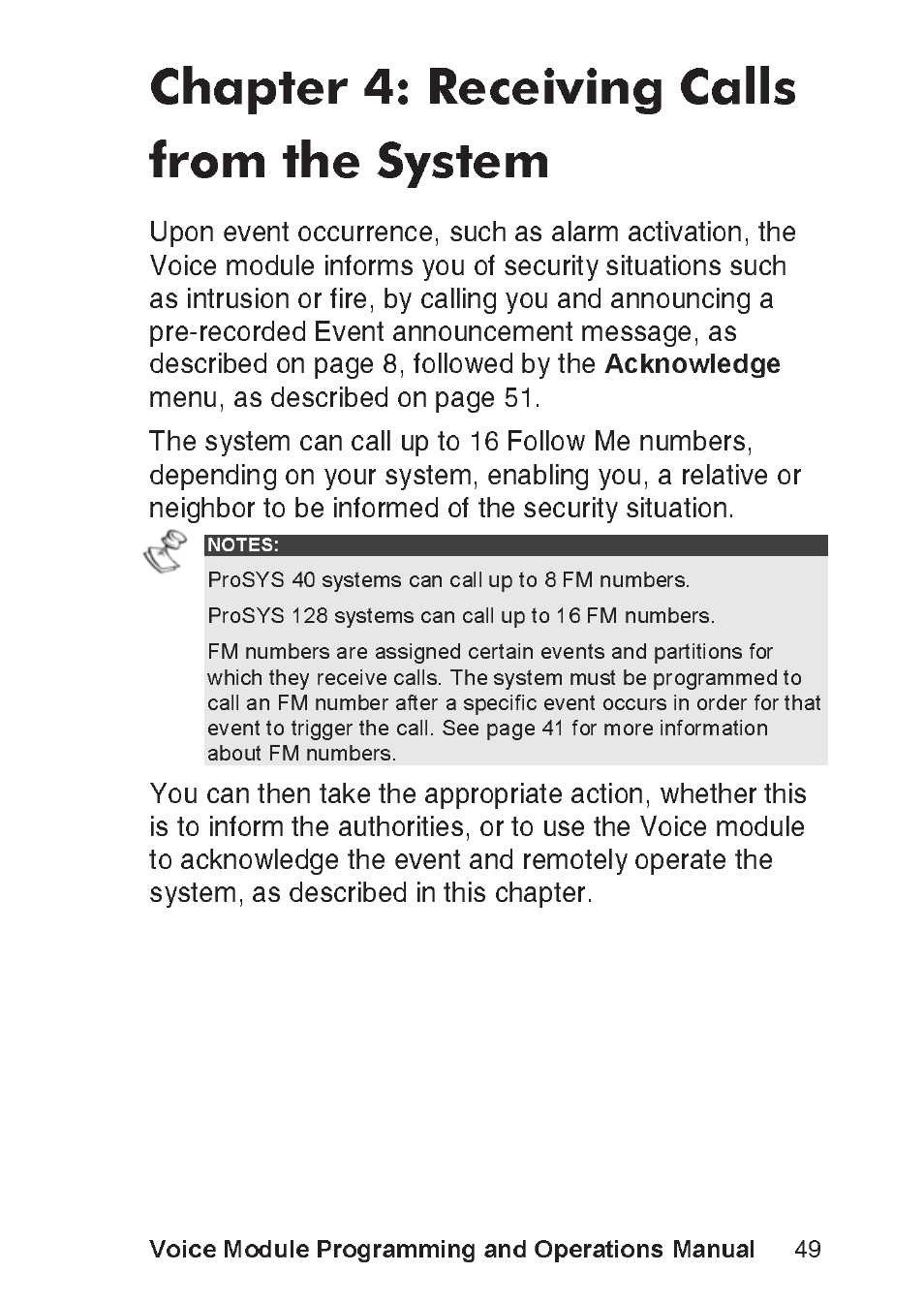 Chapter 4: receiving calls from the system, Voice module programming and operations manual | RISCO Group ProSYS, Interactive Voice Module User Manual | Page 49 / 56