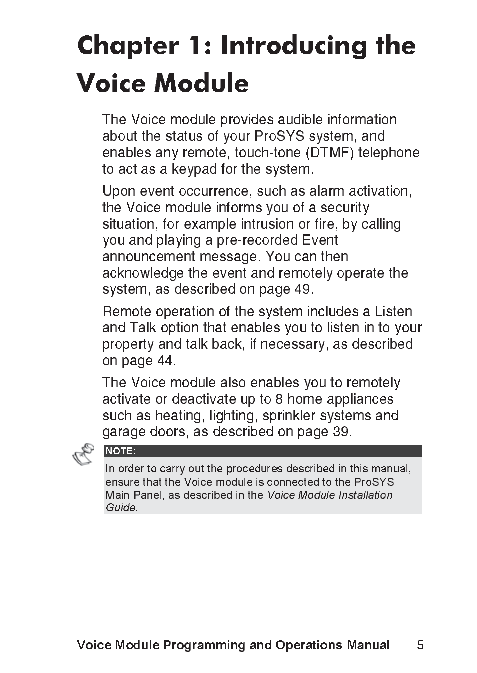 Chapter 1: introducing the voice module, Voice module programming and operations manual | RISCO Group ProSYS, Interactive Voice Module User Manual | Page 5 / 56