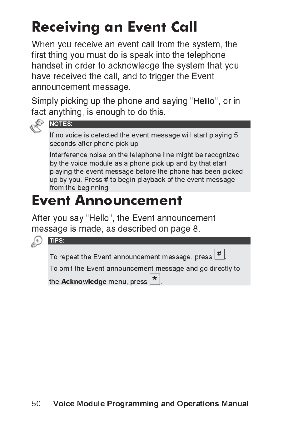 Receiving an event call, Event announcement, Voice module programming and operations manual | RISCO Group ProSYS, Interactive Voice Module User Manual | Page 50 / 56