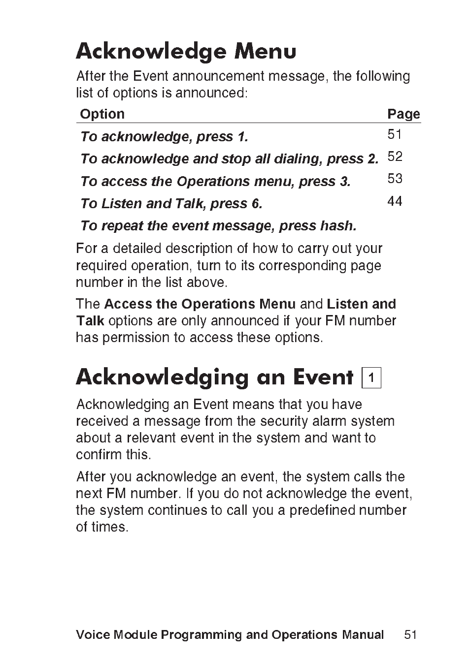 Acknowledge menu, Acknowledging an event, Voice module programming and operations manual | RISCO Group ProSYS, Interactive Voice Module User Manual | Page 51 / 56
