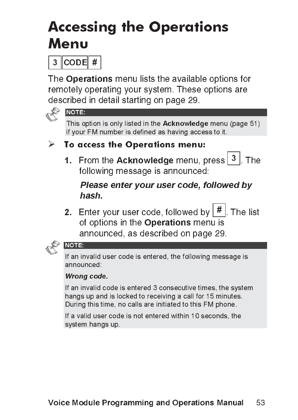 Accessing the operations menu, Voice module programming and operations manual | RISCO Group ProSYS, Interactive Voice Module User Manual | Page 53 / 56