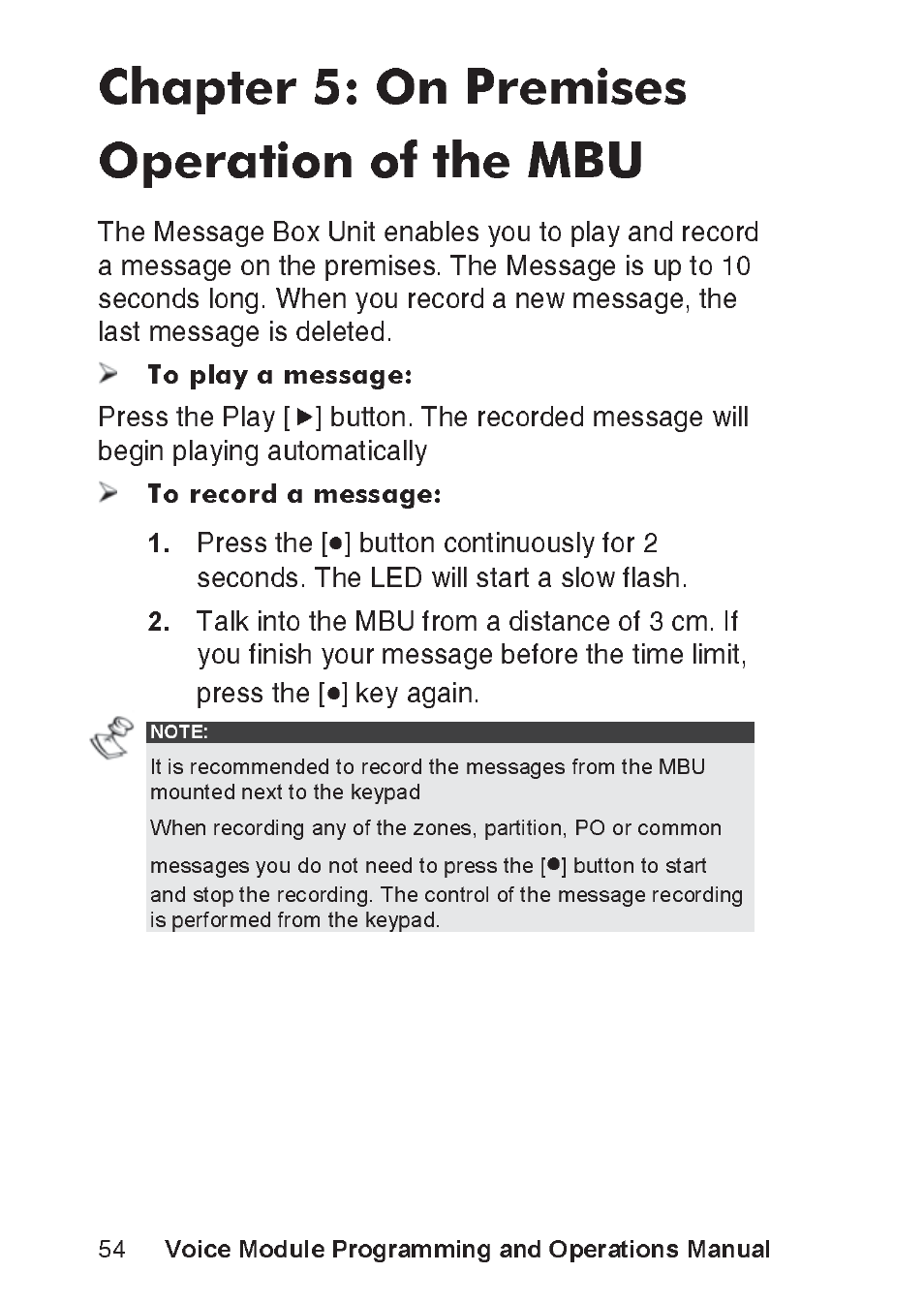Chapter 5: on premises operation of the mbu, Voice module programming and operations manual, Mêéëë=íüé=x | Z=вйу=~ц~беk | RISCO Group ProSYS, Interactive Voice Module User Manual | Page 54 / 56