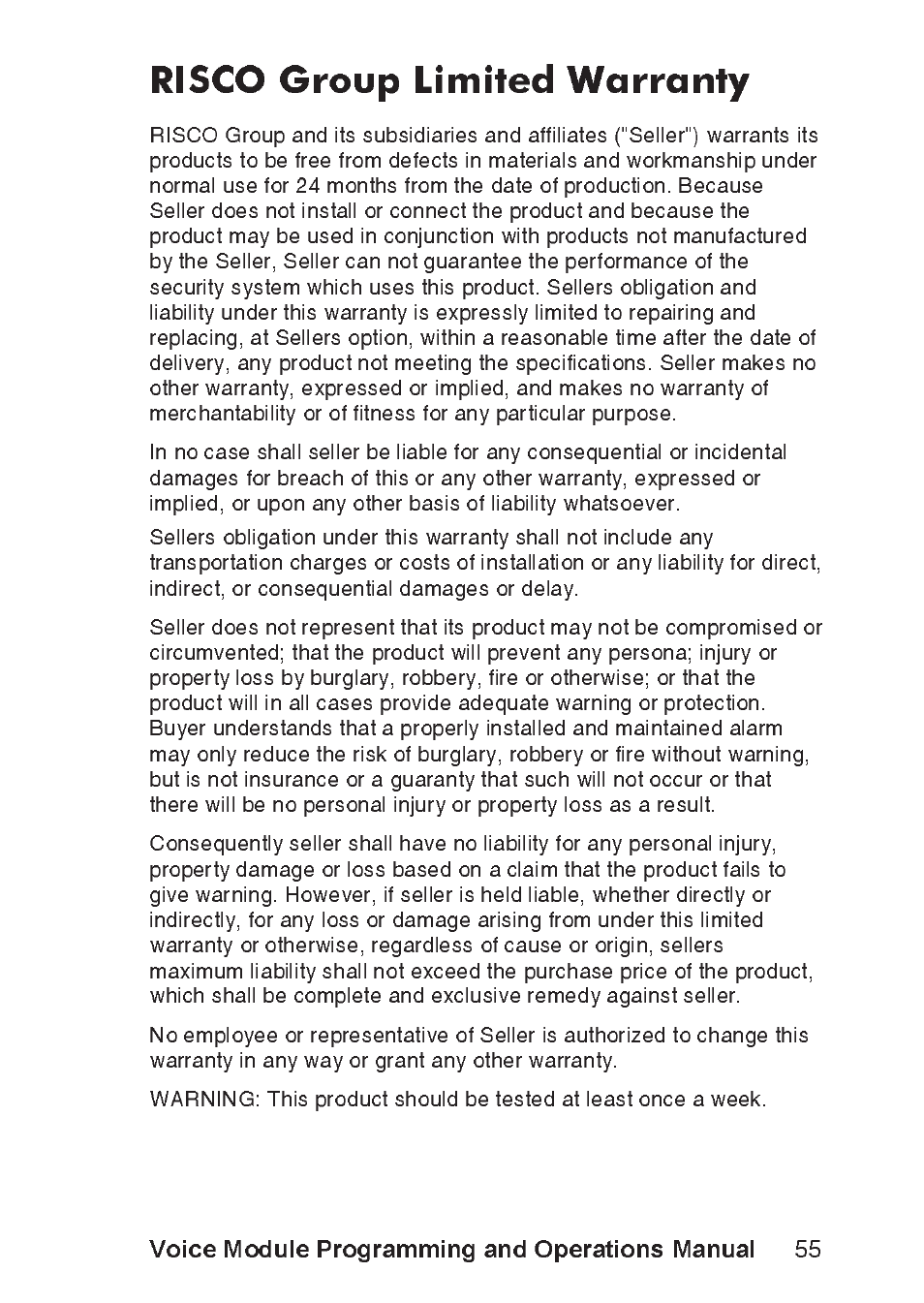 Risco group limited warranty, Voice module programming and operations manual | RISCO Group ProSYS, Interactive Voice Module User Manual | Page 55 / 56