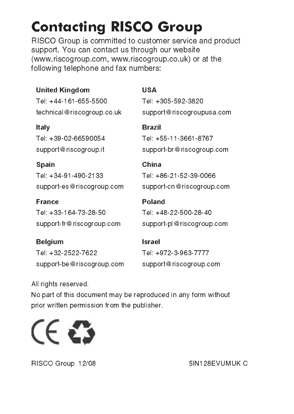 Contacting risco group, United kingdom, Italy | Brazil, Spain, China, France, Poland, Belgium, Israel | RISCO Group ProSYS, Interactive Voice Module User Manual | Page 56 / 56
