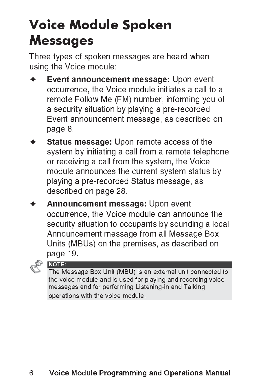 Voice module spoken messages, Event announcement message, Status message | Announcement message, Voice module programming and operations manual | RISCO Group ProSYS, Interactive Voice Module User Manual | Page 6 / 56