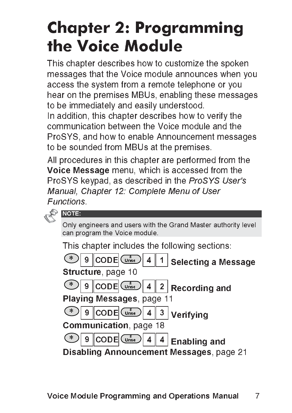 Chapter 2: programming the voice module, Voice message, Selecting a message structure | Recording and playing messages, Verifying communication, Enabling and disabling announcement messages, Voice module programming and operations manual | RISCO Group ProSYS, Interactive Voice Module User Manual | Page 7 / 56