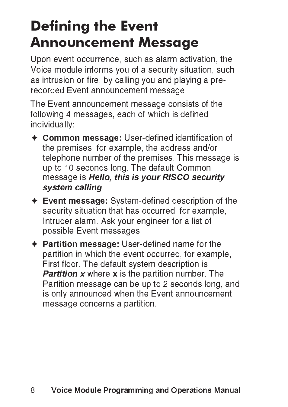 Defining the event announcement message, Common message, Hello, this is your risco security system calling | Event message, Partition message, Partition x, Voice module programming and operations manual | RISCO Group ProSYS, Interactive Voice Module User Manual | Page 8 / 56