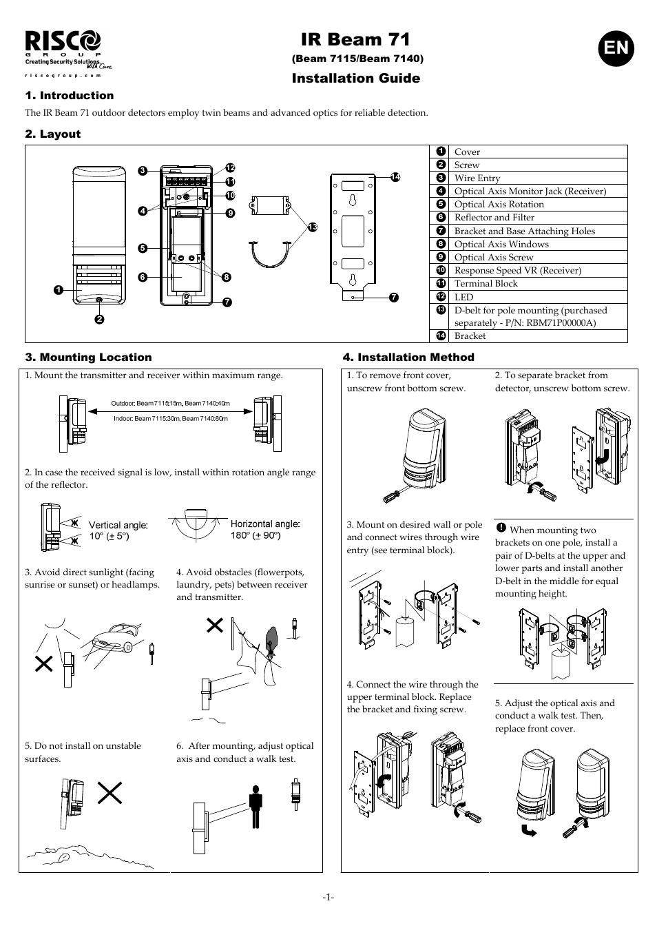 RISCO Group IR Beam 71 Outdoor Detector User Manual | 2 pages