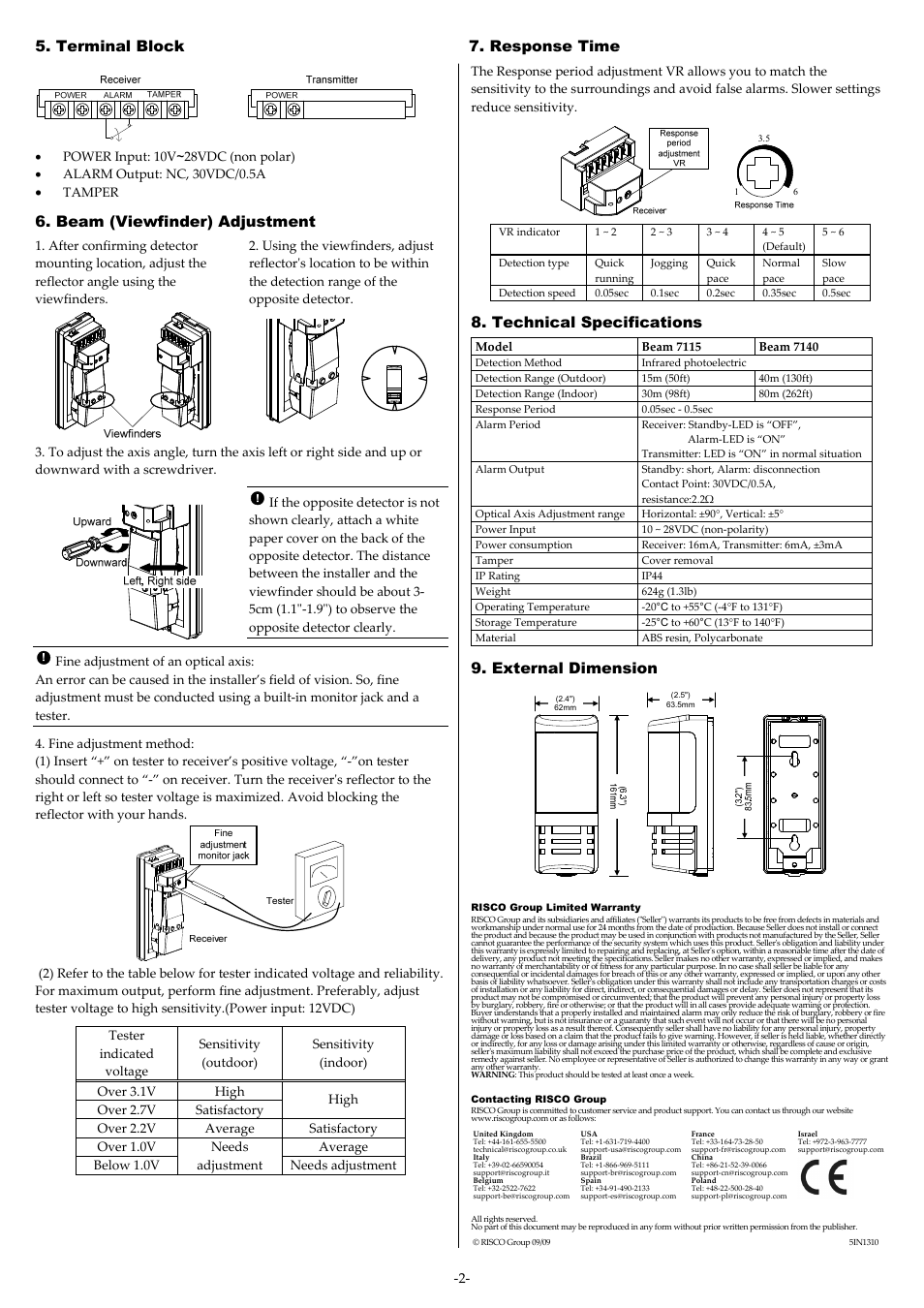 Terminal block 7. response time, Beam (viewfinder) adjustment, Technical specifications | External dimension | RISCO Group IR Beam 71 Outdoor Detector User Manual | Page 2 / 2