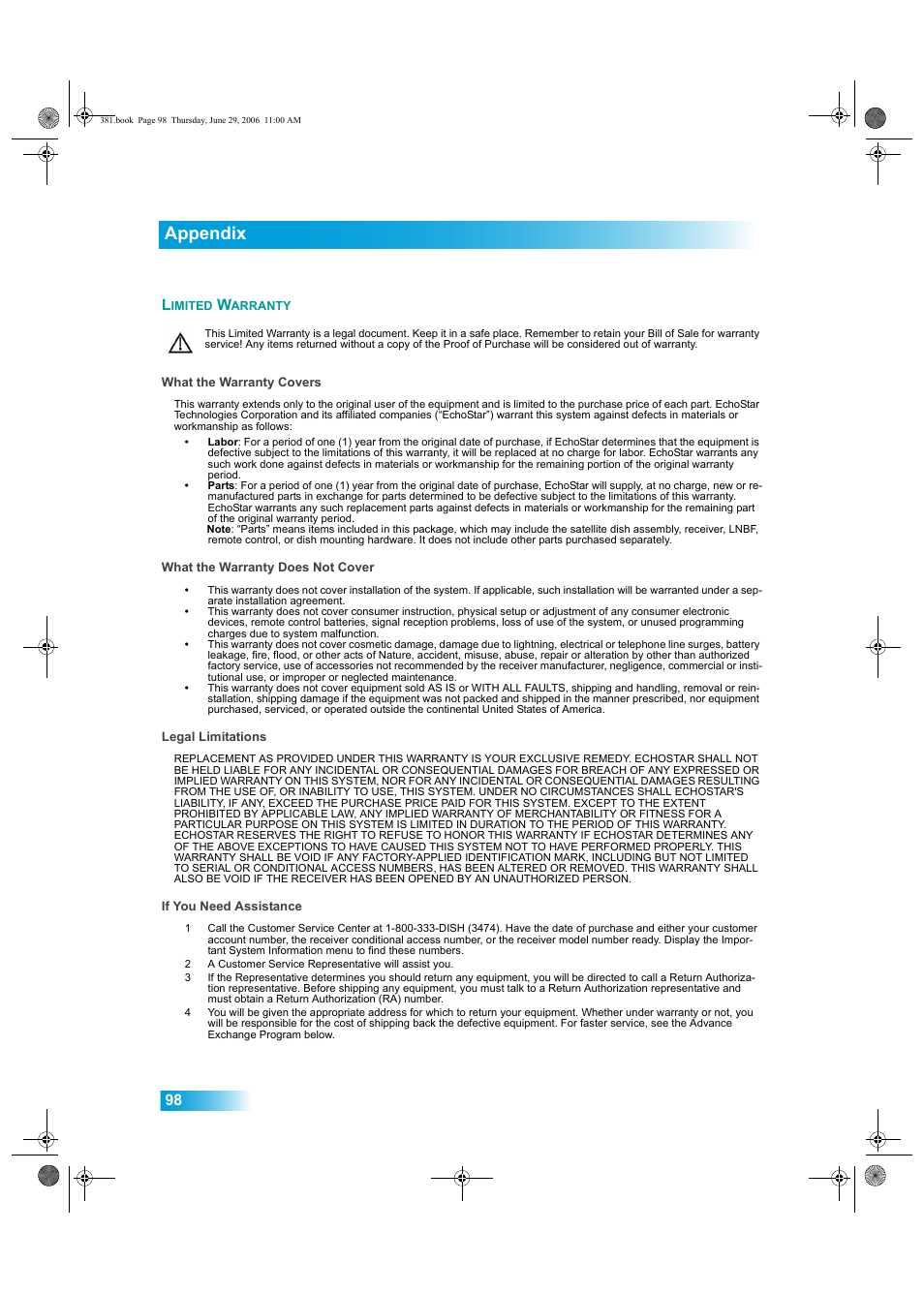 Imited, Arranty, Appendix | 98 l | Dish Network Solo 381 User Manual | Page 103 / 114