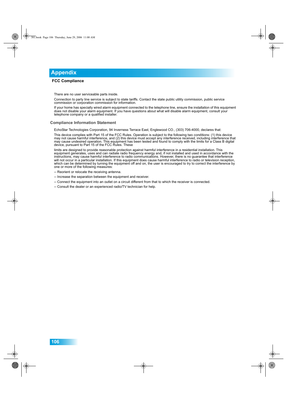 Appendix | Dish Network Solo 381 User Manual | Page 111 / 114