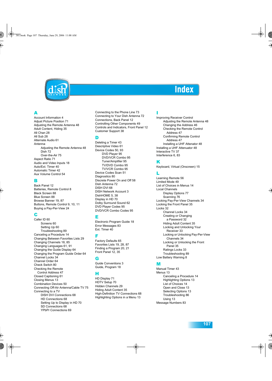 Index, 107 a | Dish Network Solo 381 User Manual | Page 112 / 114