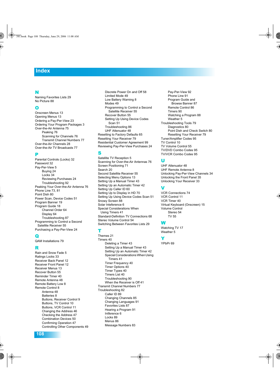 Index, 108 n | Dish Network Solo 381 User Manual | Page 113 / 114